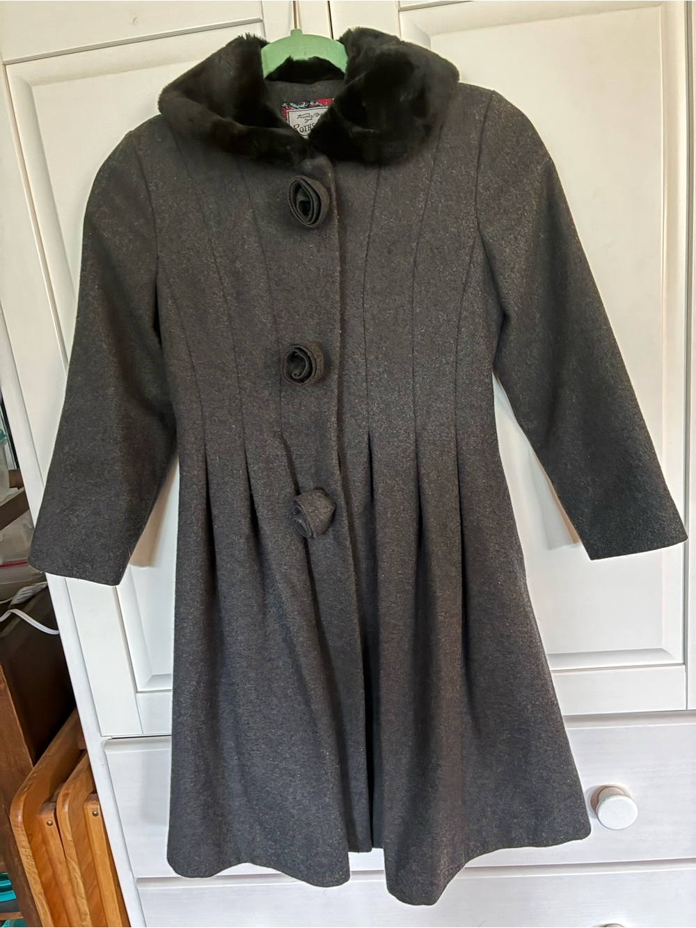 Rothschild Charcoal Gray Wool Girls' Pea Coat with Faux Fur Collar